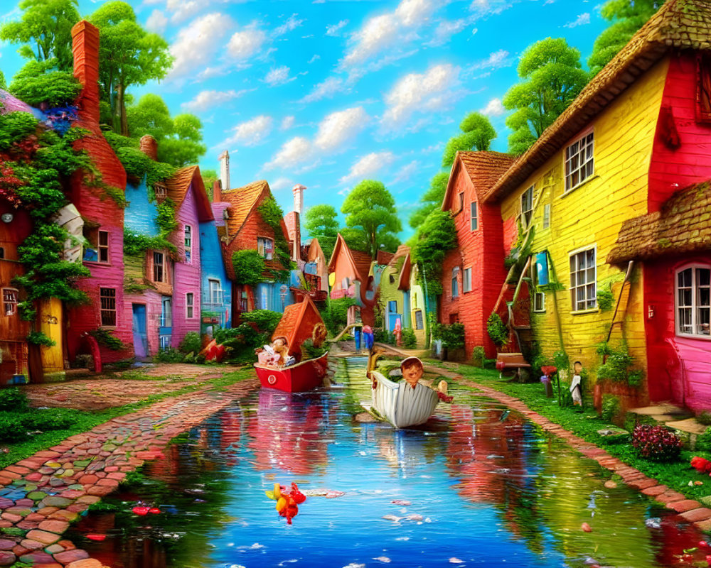 Whimsical village with colorful houses along a canal and playful boat sailing scene