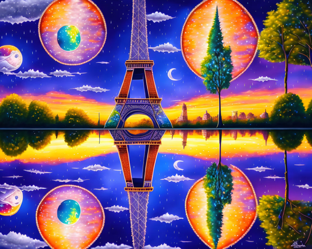 Surreal Eiffel Tower image with cosmic backdrop and colorful sunset
