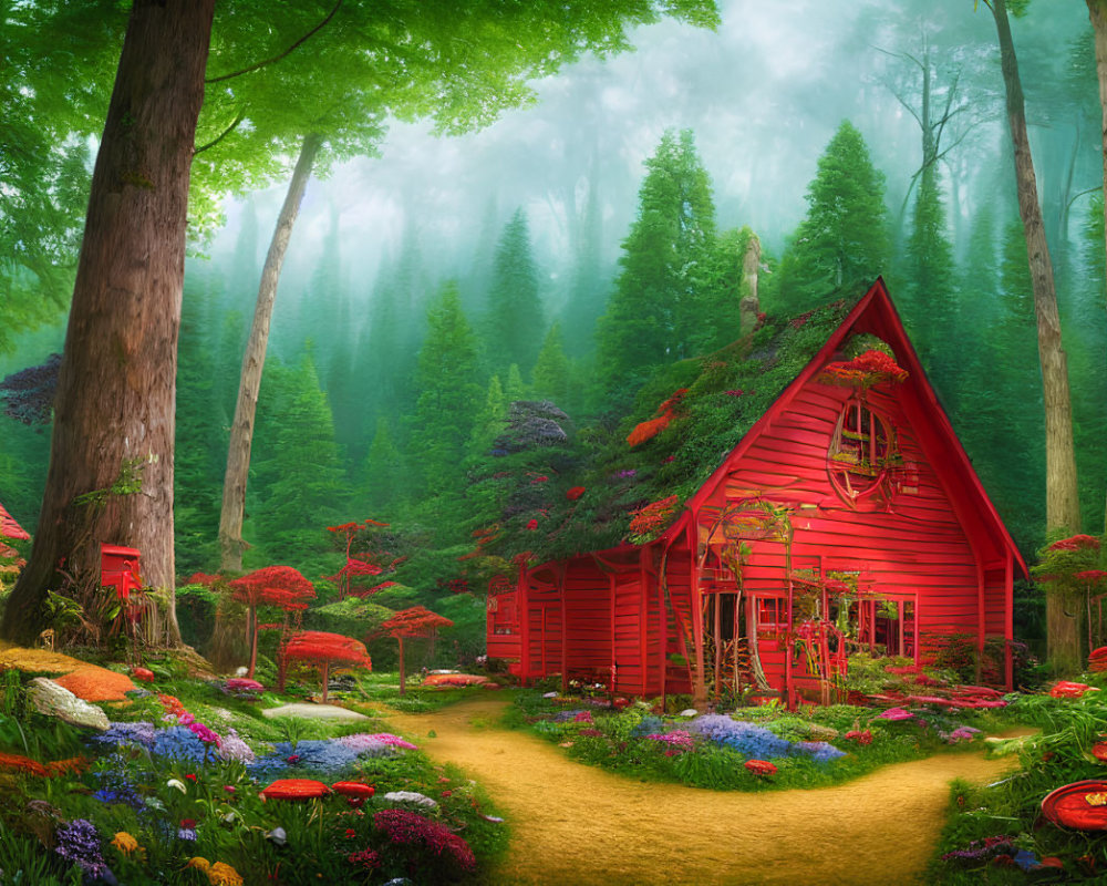Tranquil forest scene with red cabin, vibrant flowers, mushrooms, and misty paths