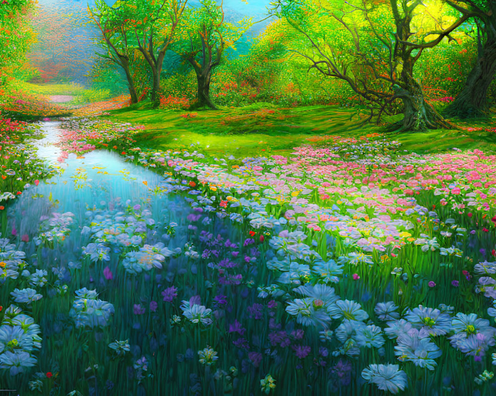 Scenic landscape with river, trees, meadow, and flowers