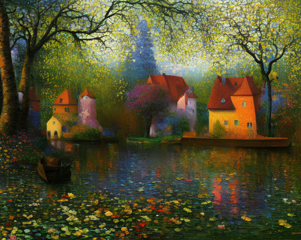 Colorful Painting of Serene Riverside Village