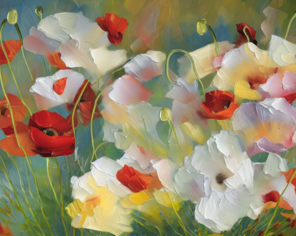 Colorful painting of poppies and flowers in red, white, and pastel tones