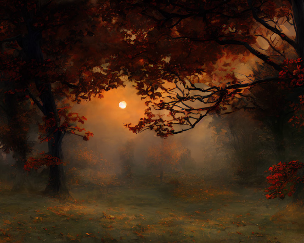 Autumn Forest Scene: Misty with Red-Orange Leaves and Soft Sun Glow