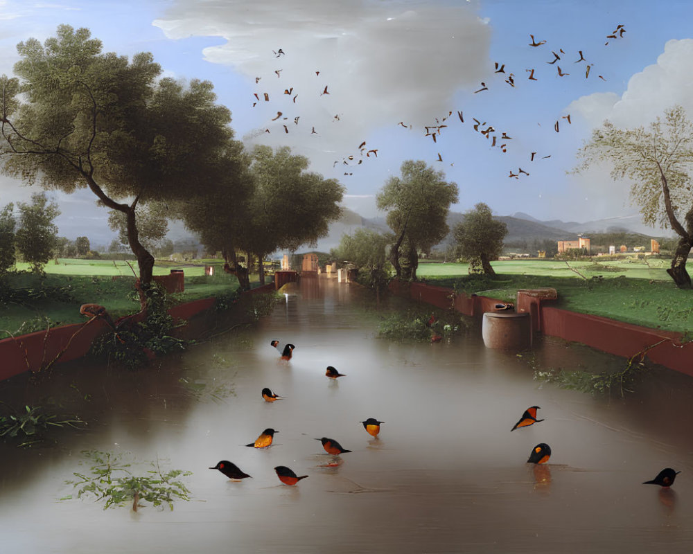 Tranquil landscape painting of river, birds, trees, villa, and cloudy sky