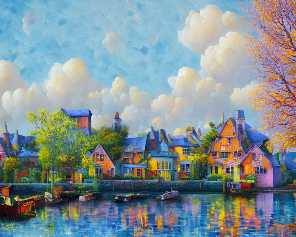 Colorful painting of quaint village by lake with boats and autumn trees