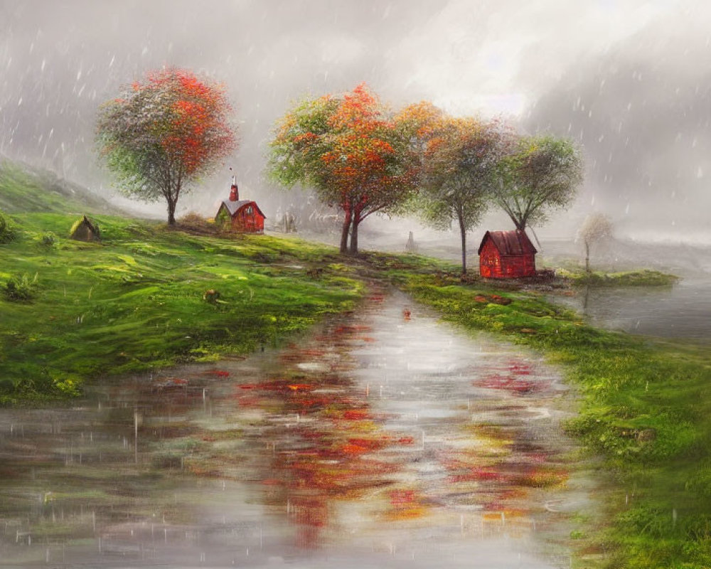 Tranquil landscape with red-roofed houses, reflective path, lush field, autumn trees,