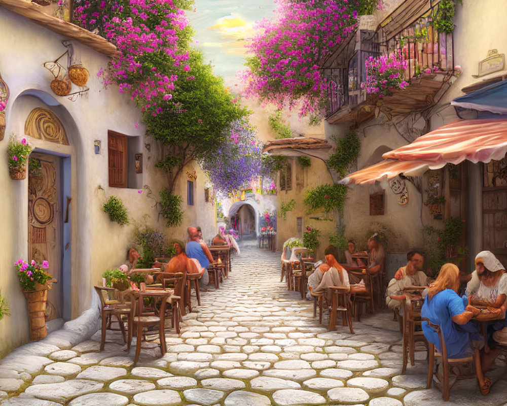 Charming cobblestone street with white buildings and outdoor dining scene