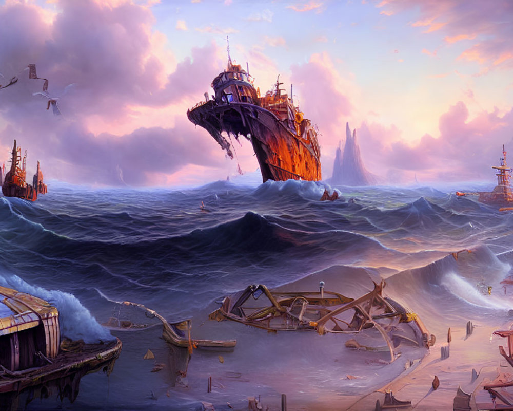 Surreal seascape with shipwrecks, undulating waves, purple sky, rocky peaks