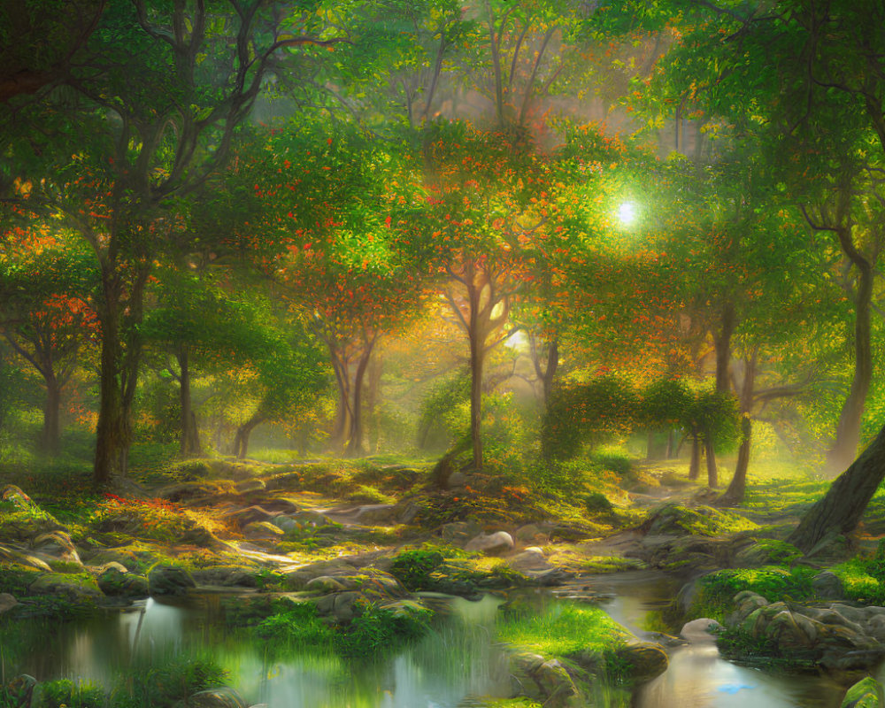 Lush Forest Scene with Sunlight, Stream, and Rocks