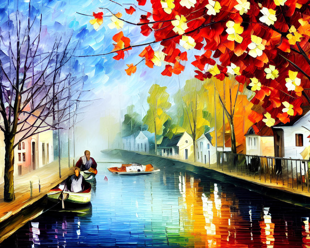 Impressionistic painting of serene canal scene with boats and autumn foliage