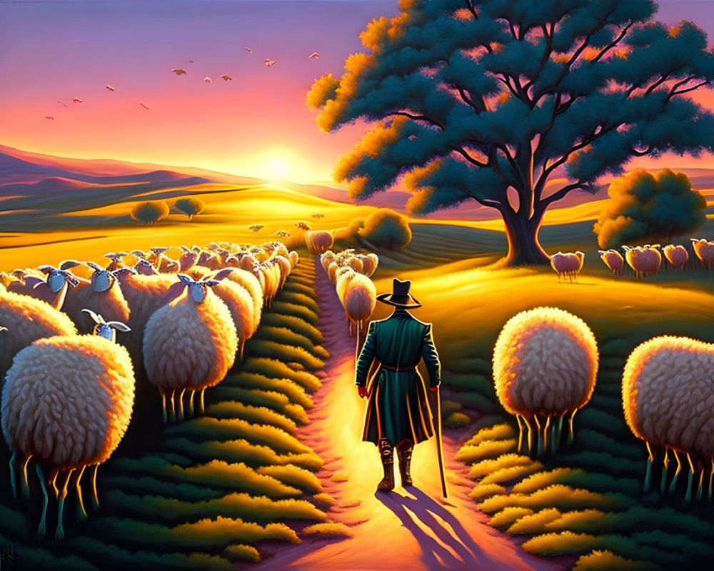 Shepherd in traditional attire with flock of sheep in vibrant hills at sunset