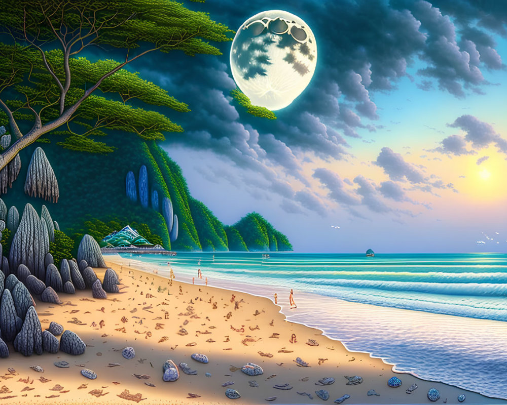Tranquil beach scene at twilight with moonrise, rocks, greenery, and distant figures