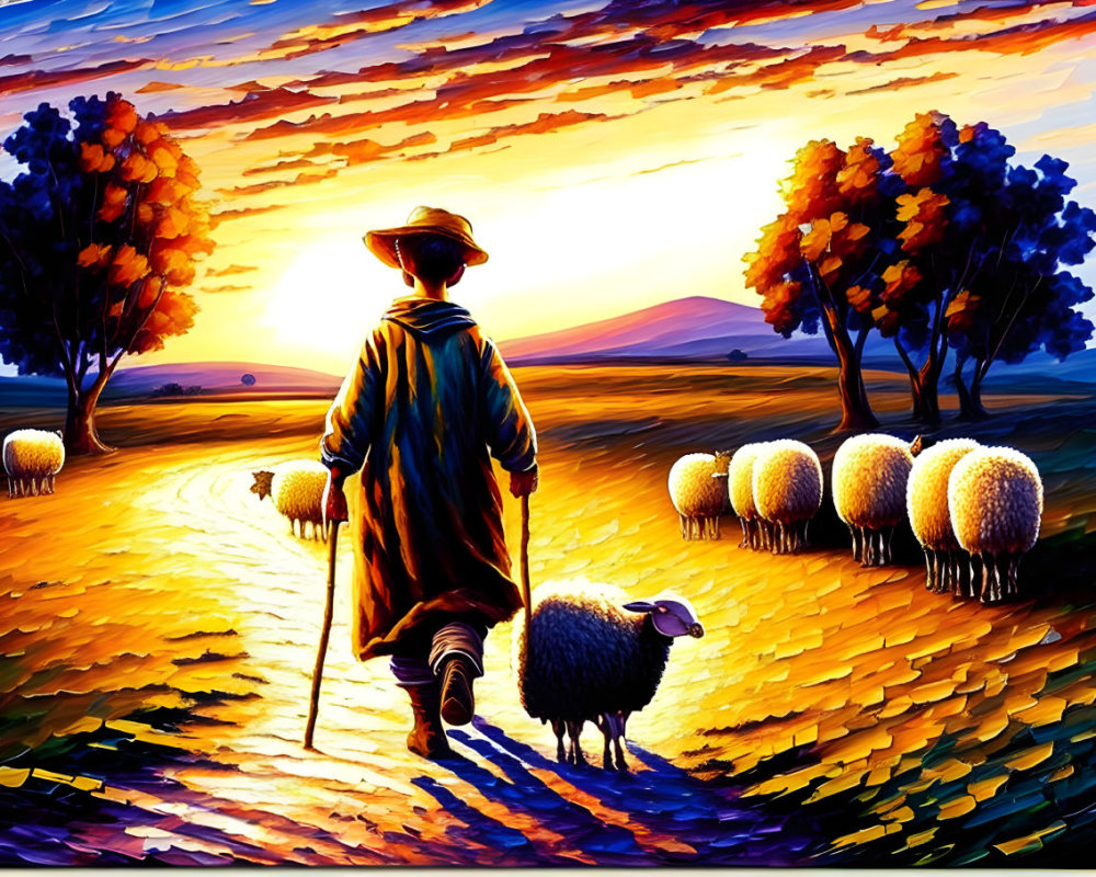 Shepherd guiding sheep at vibrant sunset with autumn trees