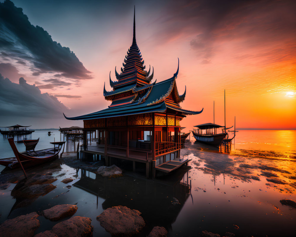 Traditional Asian Floating Pavilion at Sunset with Vibrant Skies