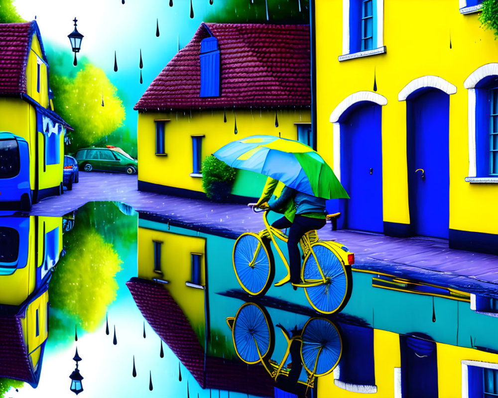 Person riding bicycle with umbrella on wet street between yellow houses in blue rain
