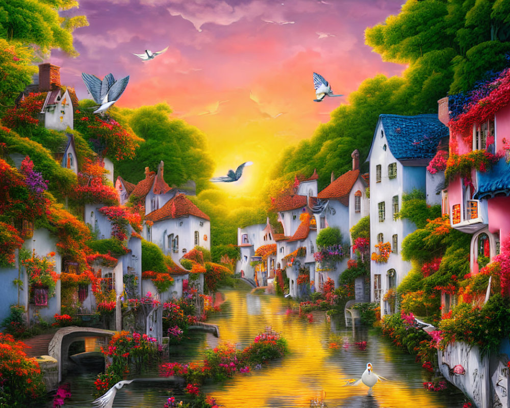 Colorful Houses and Serene Canal in Picturesque Village at Sunset