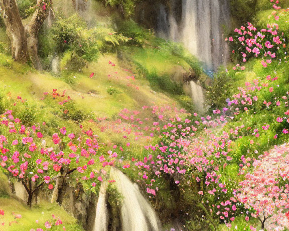 Lush waterfall painting with pink flowers and greenery