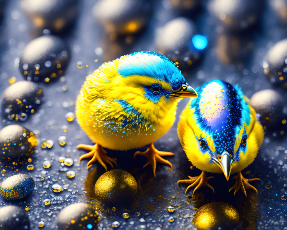 Vibrant blue and yellow birds with glistening eggs on dark background
