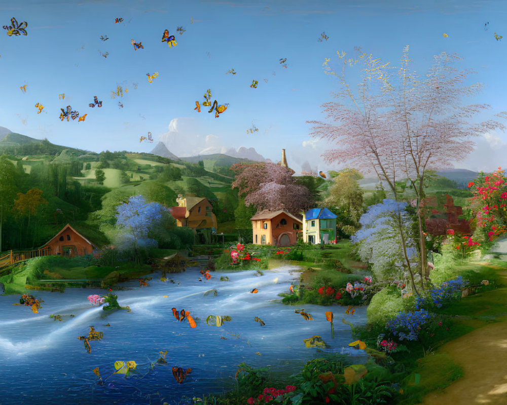 Colorful Flowers, Butterflies, Ducks, and Quaint Houses in Idyllic Landscape