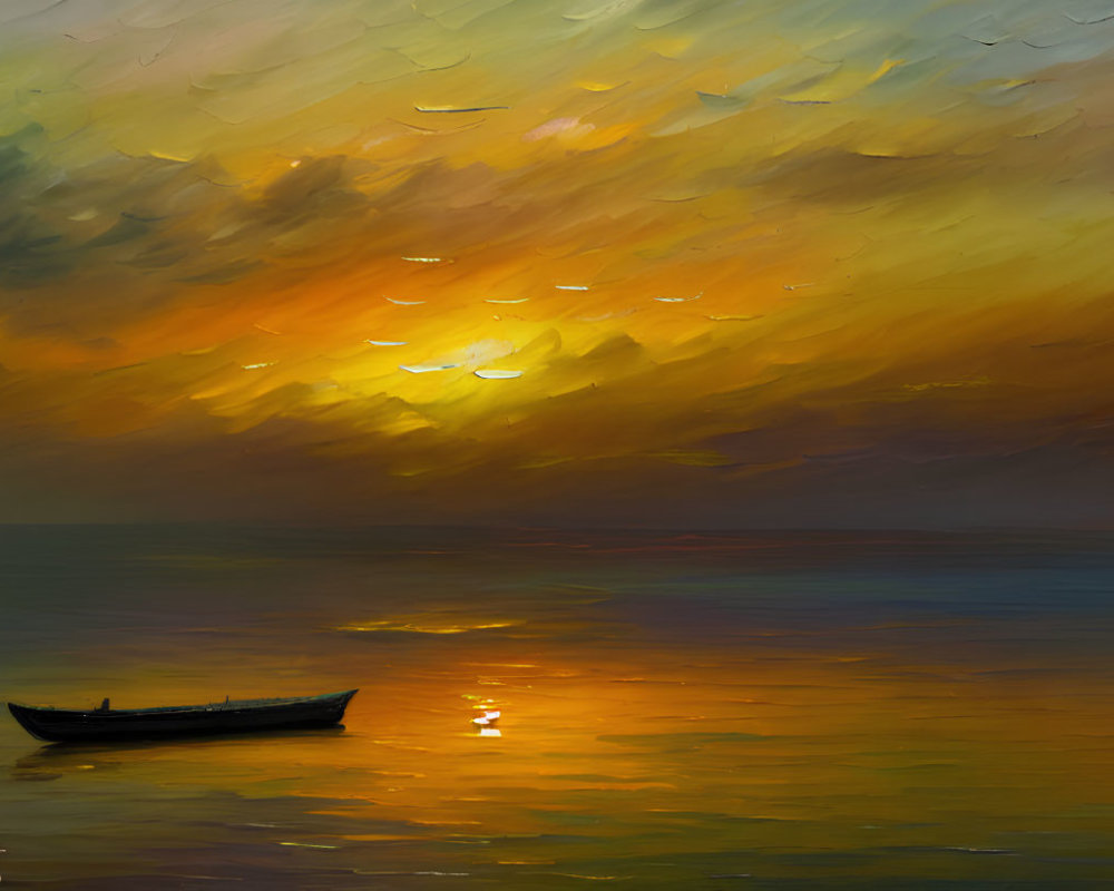 Tranquil sunset seascape with lone boat, golden sky, and birds