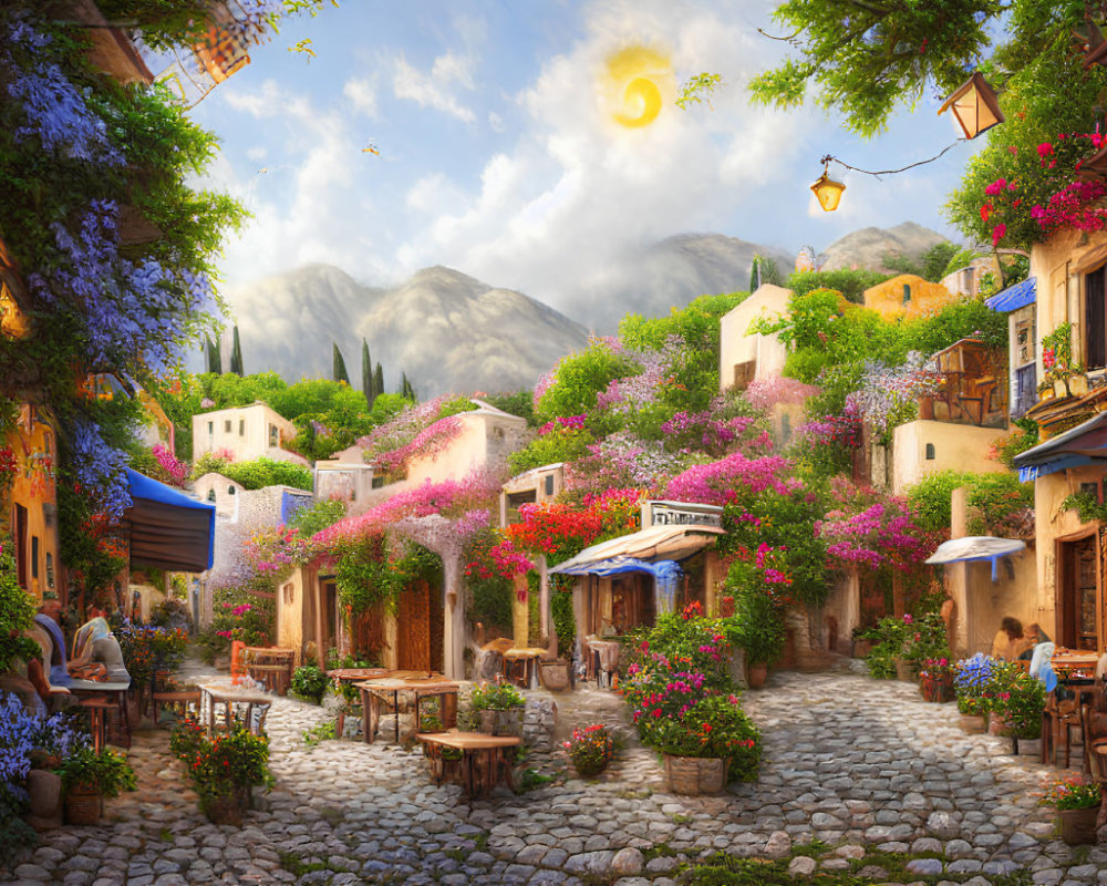 Scenic village street with cobblestones, flowers, cafes, and people on a sunny day