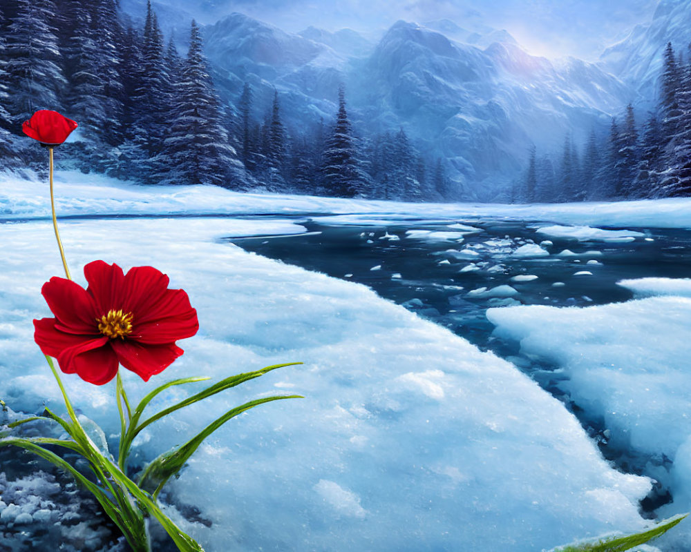 Vivid red flower in snowy winter landscape with frozen river and pine trees