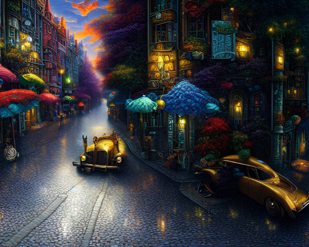 Colorful cobblestone street at dusk with vintage cars and whimsical umbrella streetlights