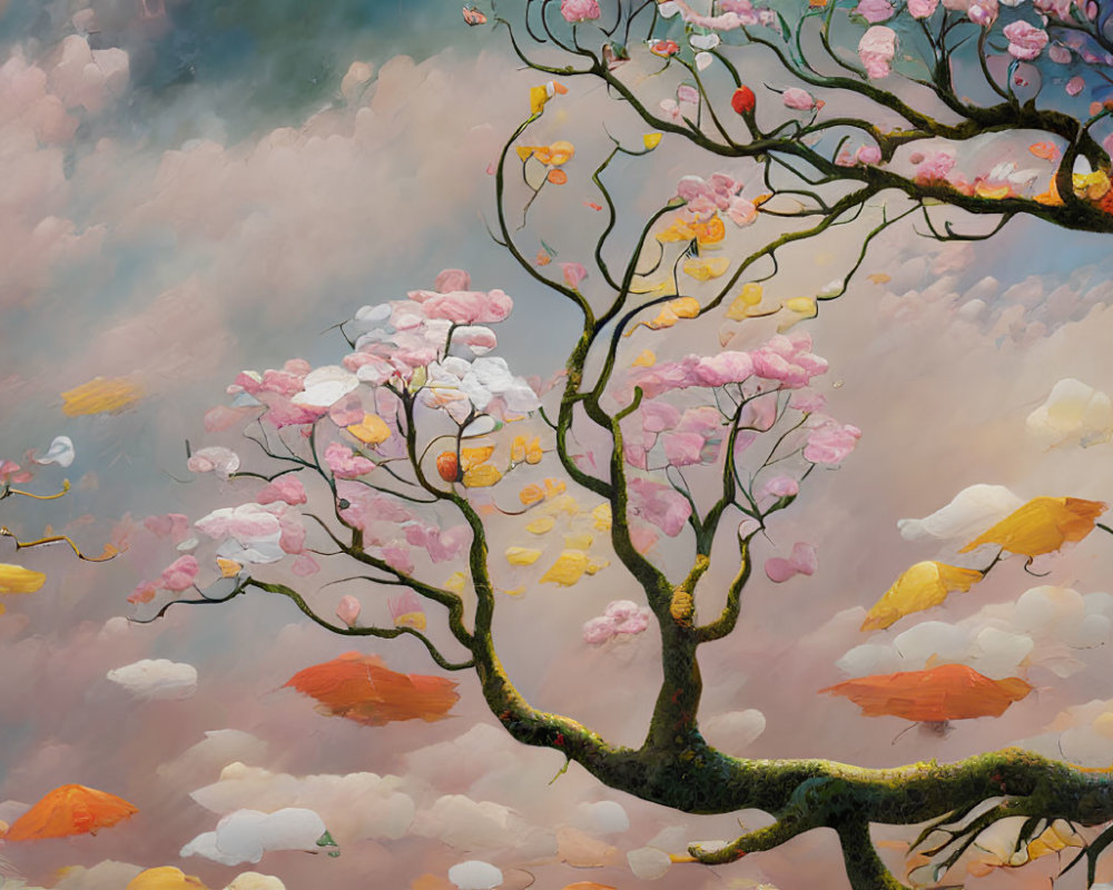 Whimsical painting of a tree with pink blossoms in pastel sky