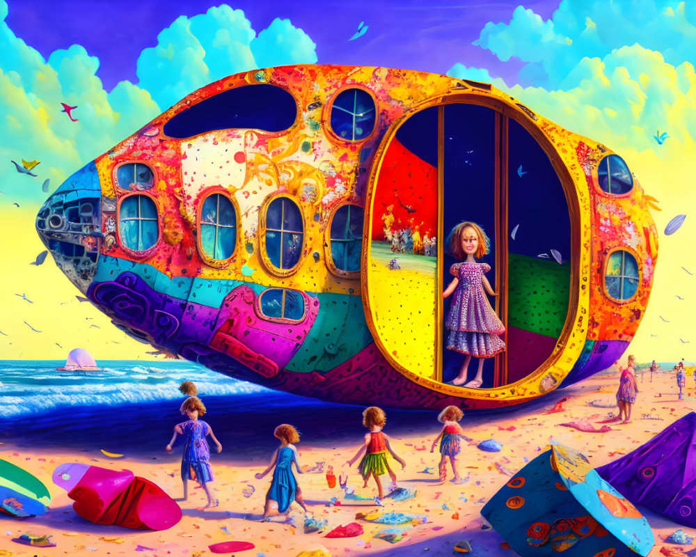 Vibrant oval aircraft and girl on beach with children and toys
