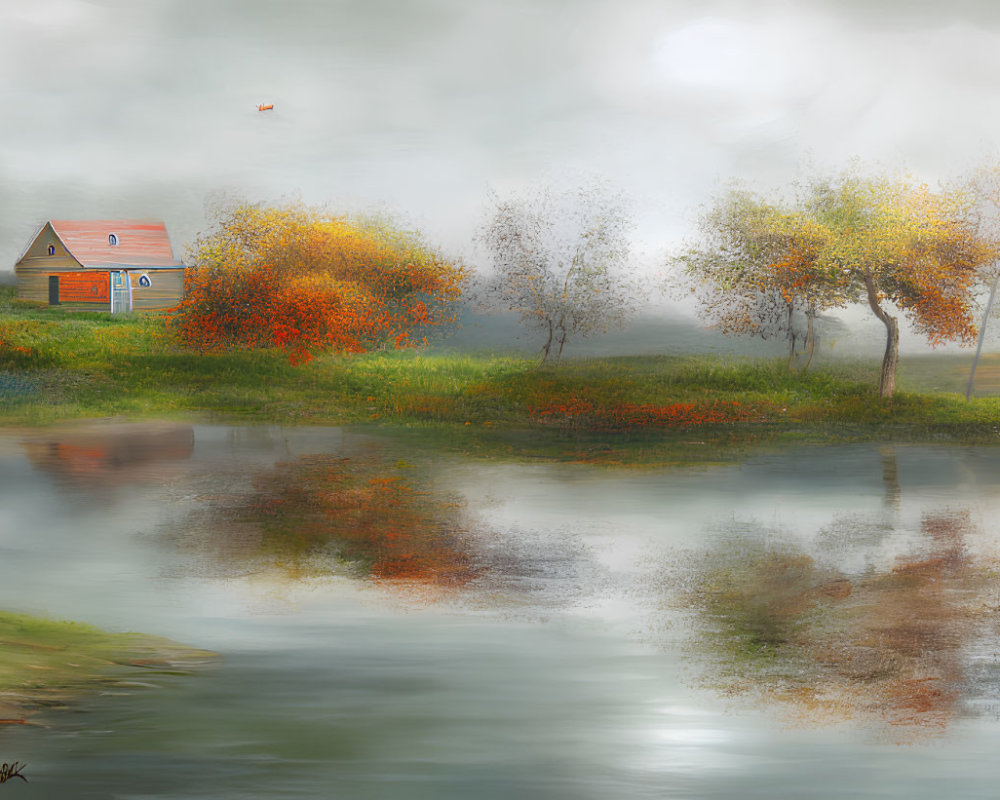 Isolated House by Autumn Pond Surrounded by Misty Landscape