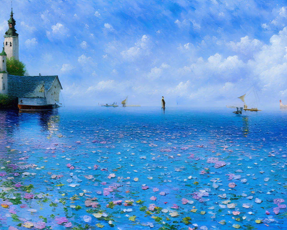 Tranquil scene with person in water, pink flowers, boats, white building, blue sky