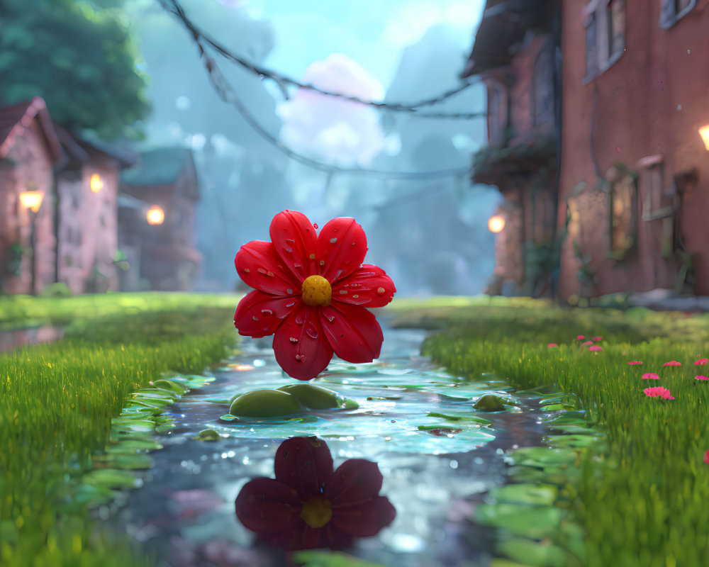 Red flower with water droplets on pond in village street at twilight