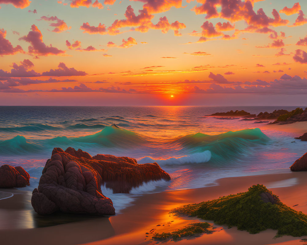Vibrant orange sunset over turquoise beach waves and rocky outcrops