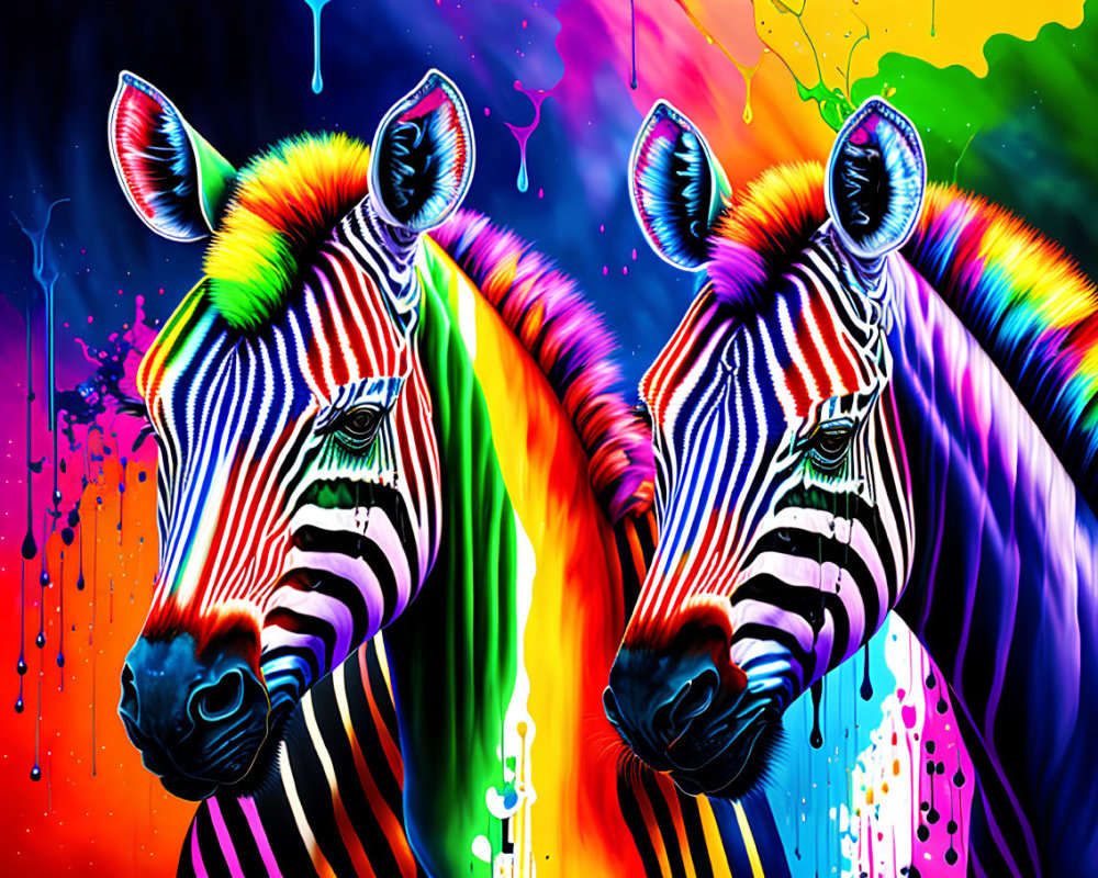 Abstract colorful background with two zebras and vibrant paint splashes