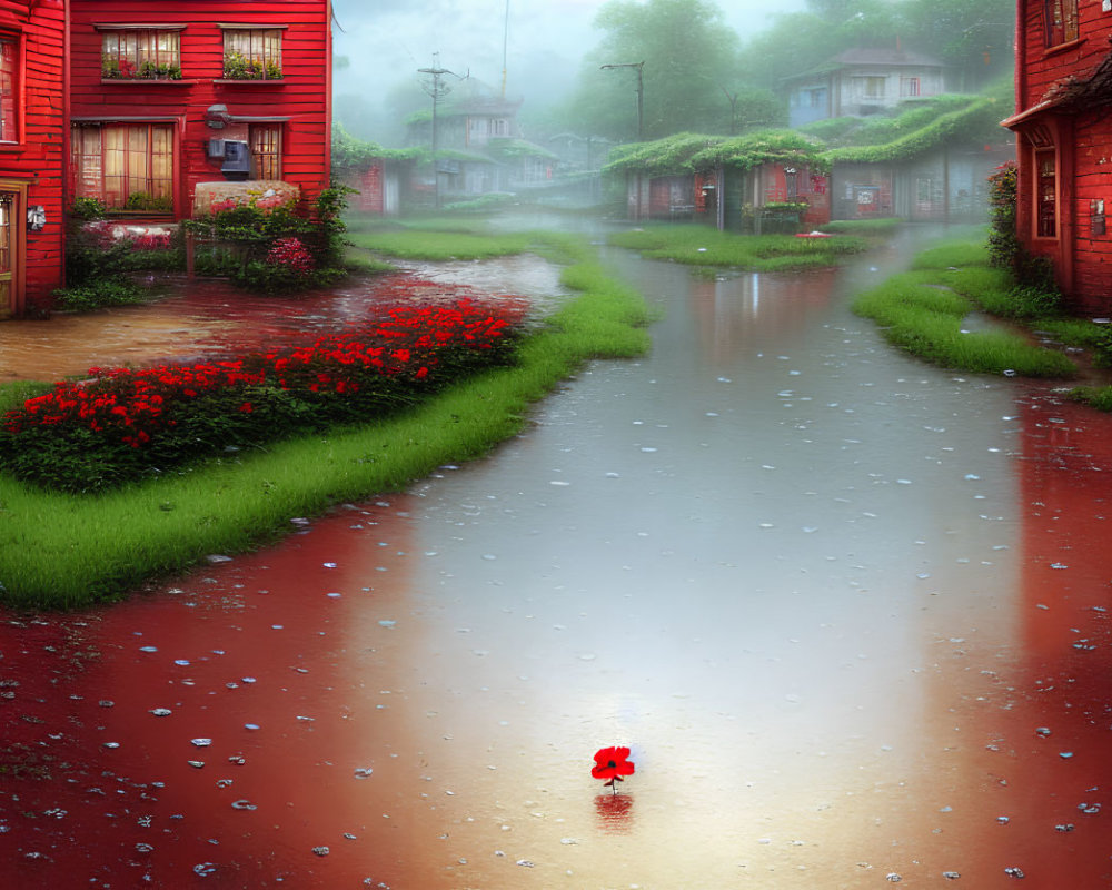 Rainy cobblestone street with red houses and umbrella reflection