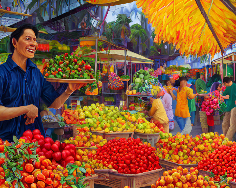 Colorful Fruit Market Scene with Smiling Vendor and Fresh Strawberries
