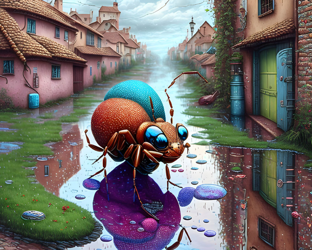 Giant reflective ant in colorful village scene on rainy day