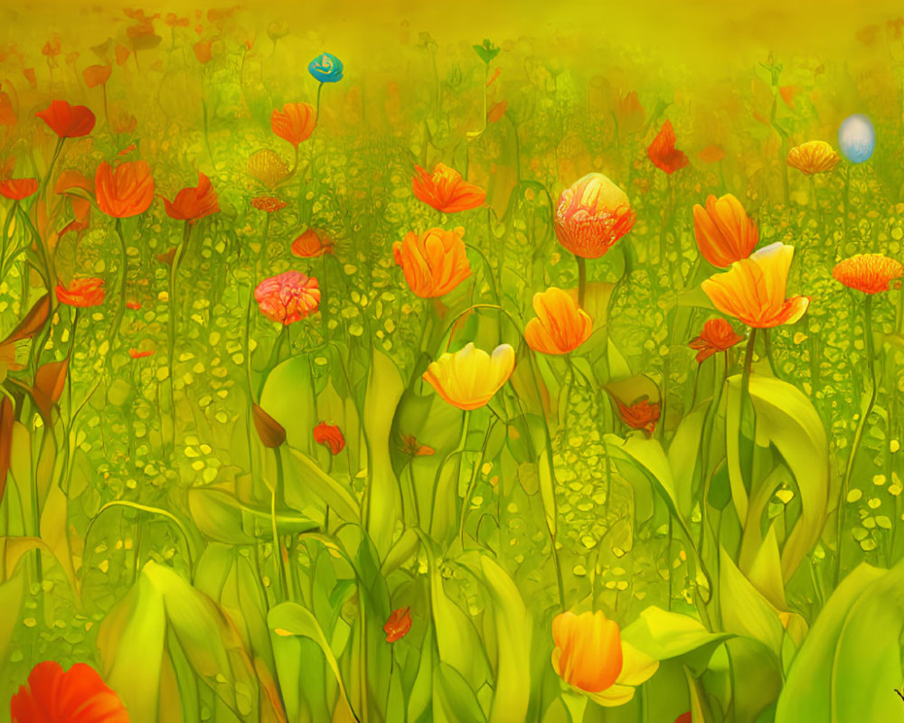 Colorful tulip field with butterflies and hidden blue egg under hazy sky