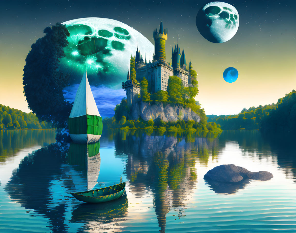 Fantasy landscape with castle, sailboat, and oversized moons
