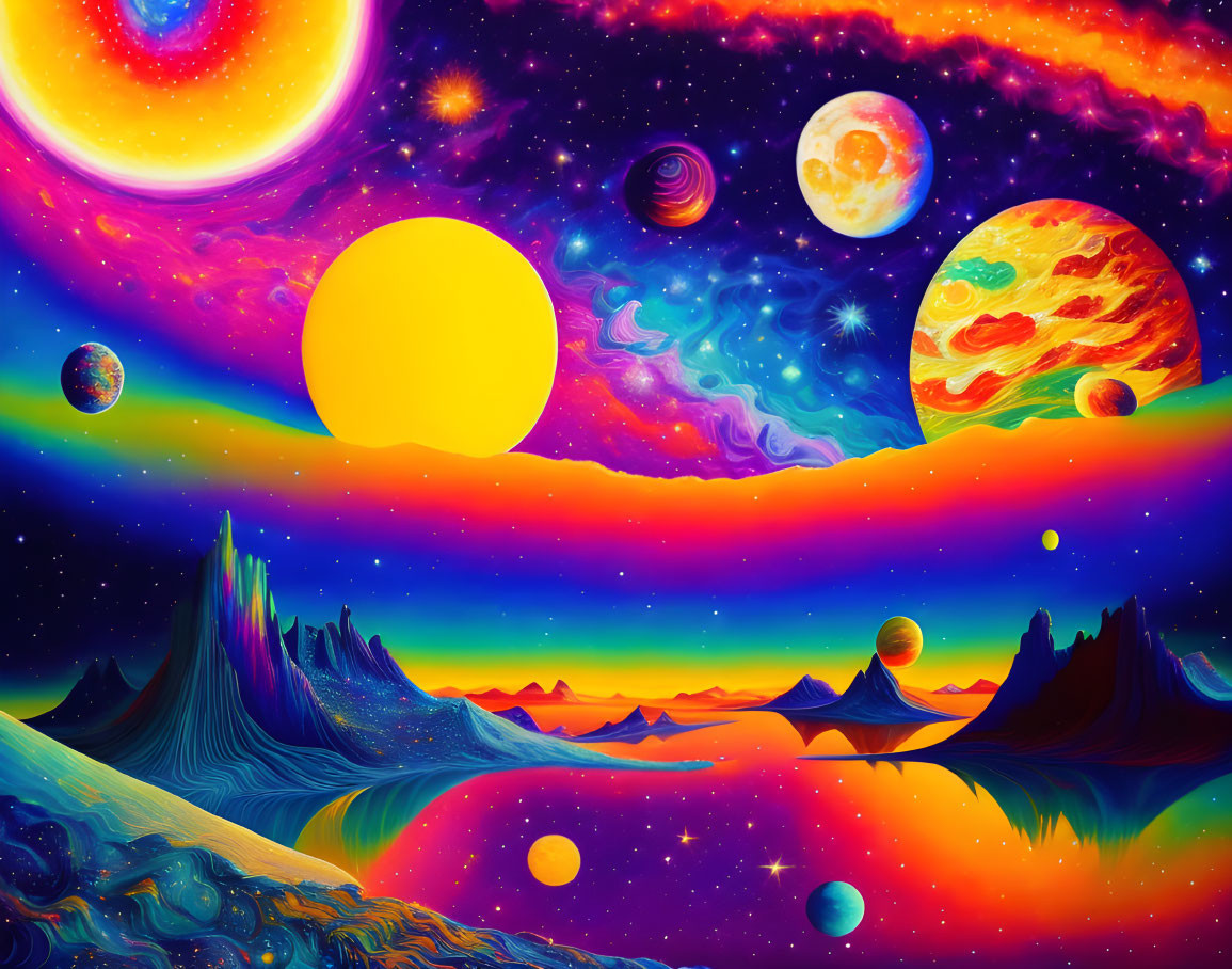Colorful Landscape with Mountains Under Surreal Space Sky