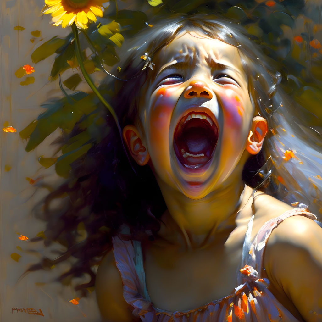 Digital artwork: Young girl crying with sunlight through flowers