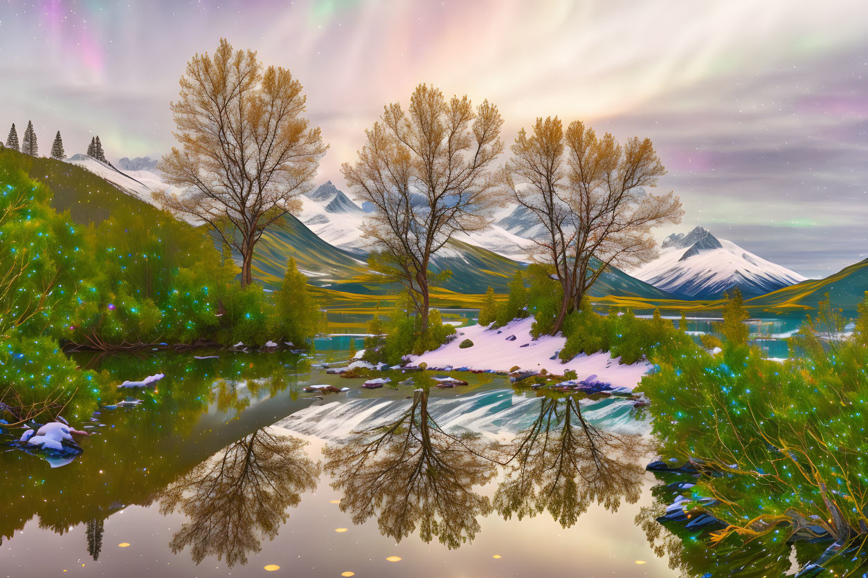 Snow-capped mountains, reflective lake, aurora, and twinkling lights in serene landscape