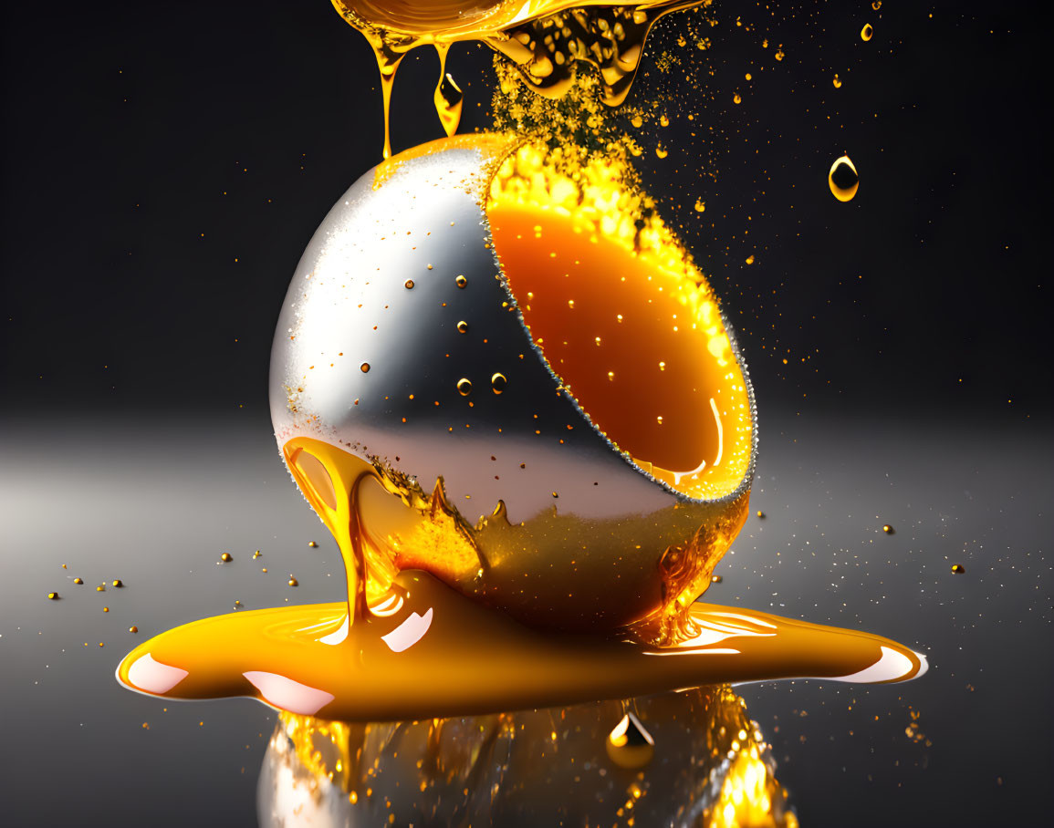 Shiny chrome sphere with golden liquid splash on dark gradient background
