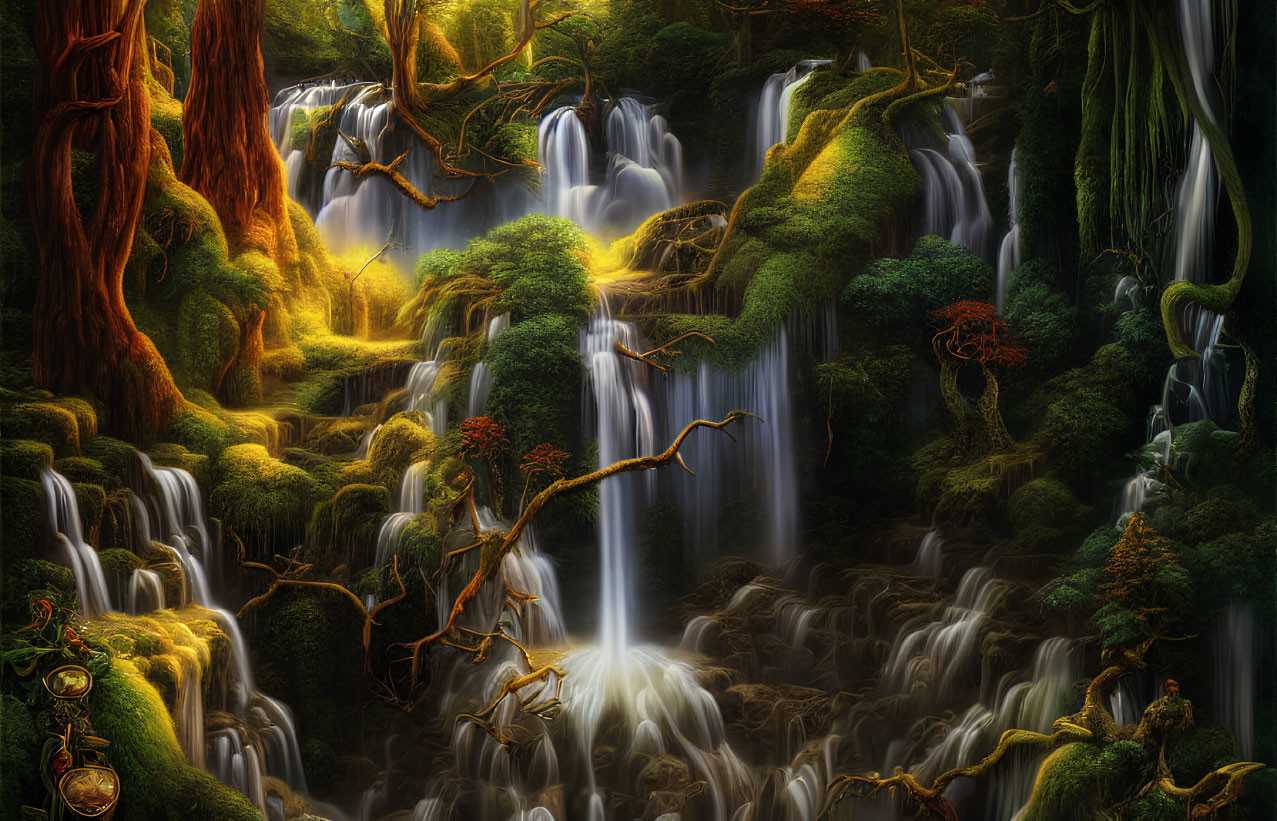 Enchanting forest with waterfalls, moss-covered trees, and mystical glow