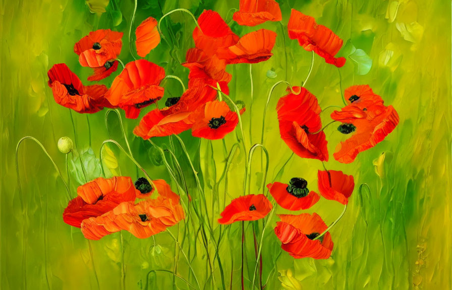 Vivid Red Poppies on Green and Yellow Background