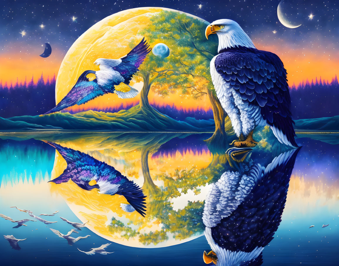 Colorful artwork: Eagle by water under night sky