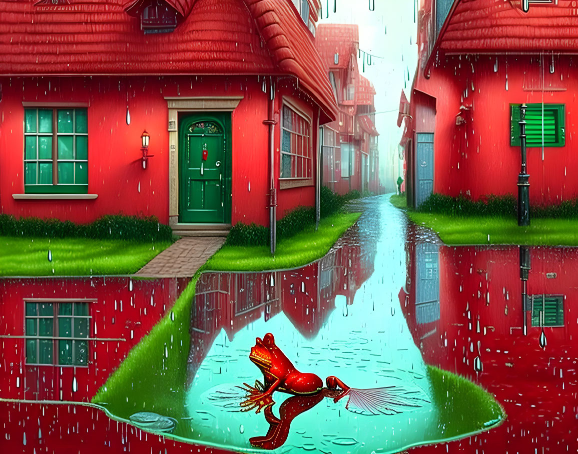 Red frog in puddle reflects red-roofed houses on rainy street