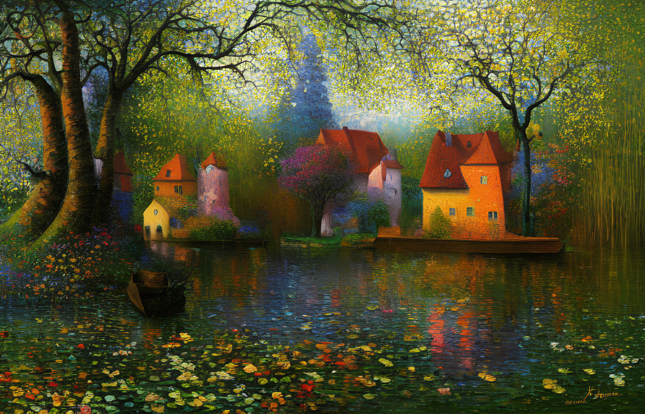 Colorful Painting of Serene Riverside Village