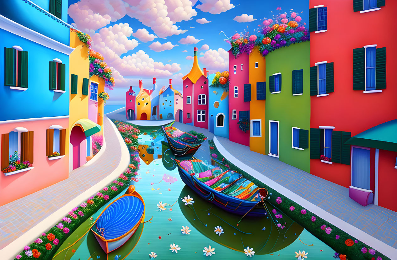 Colorful Street Scene with Floating Clouds, Flower Balconies, and Gondolas