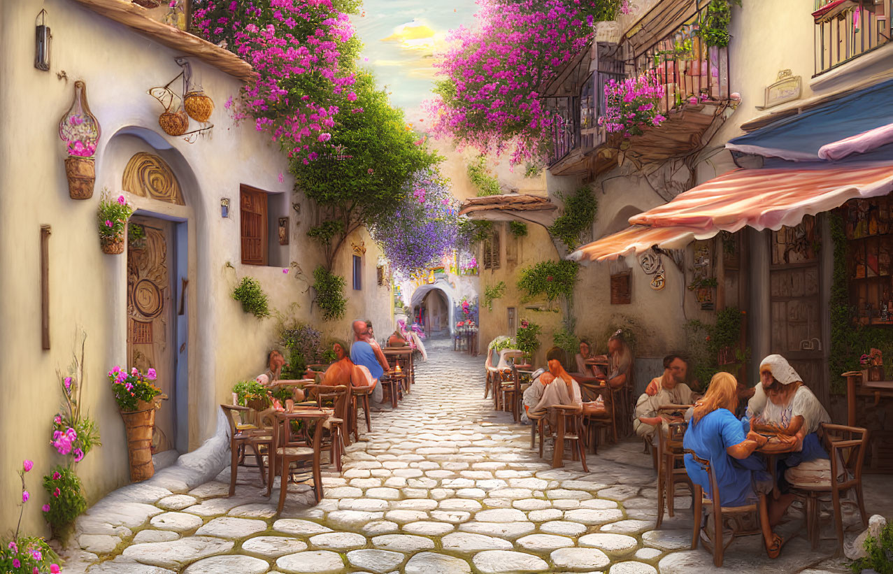 Charming cobblestone street with white buildings and outdoor dining scene